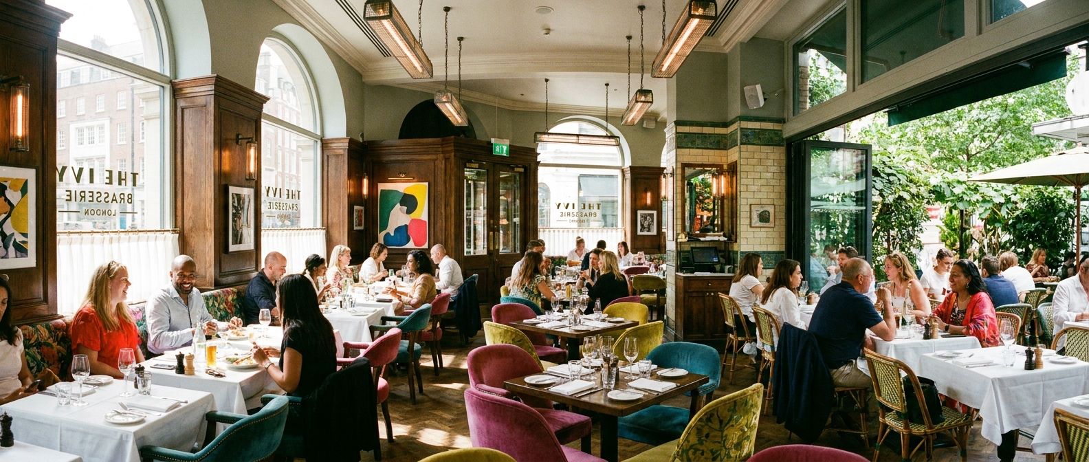 A vibrant, wide-angle shot of a stylish British restaurant interior, with diverse patrons enjoying meals at well-set tables, some near large windows or on a bright terrace. Sunlight streams into the lively space, highlighting a mix of traditional and modern decor in a photographic style.