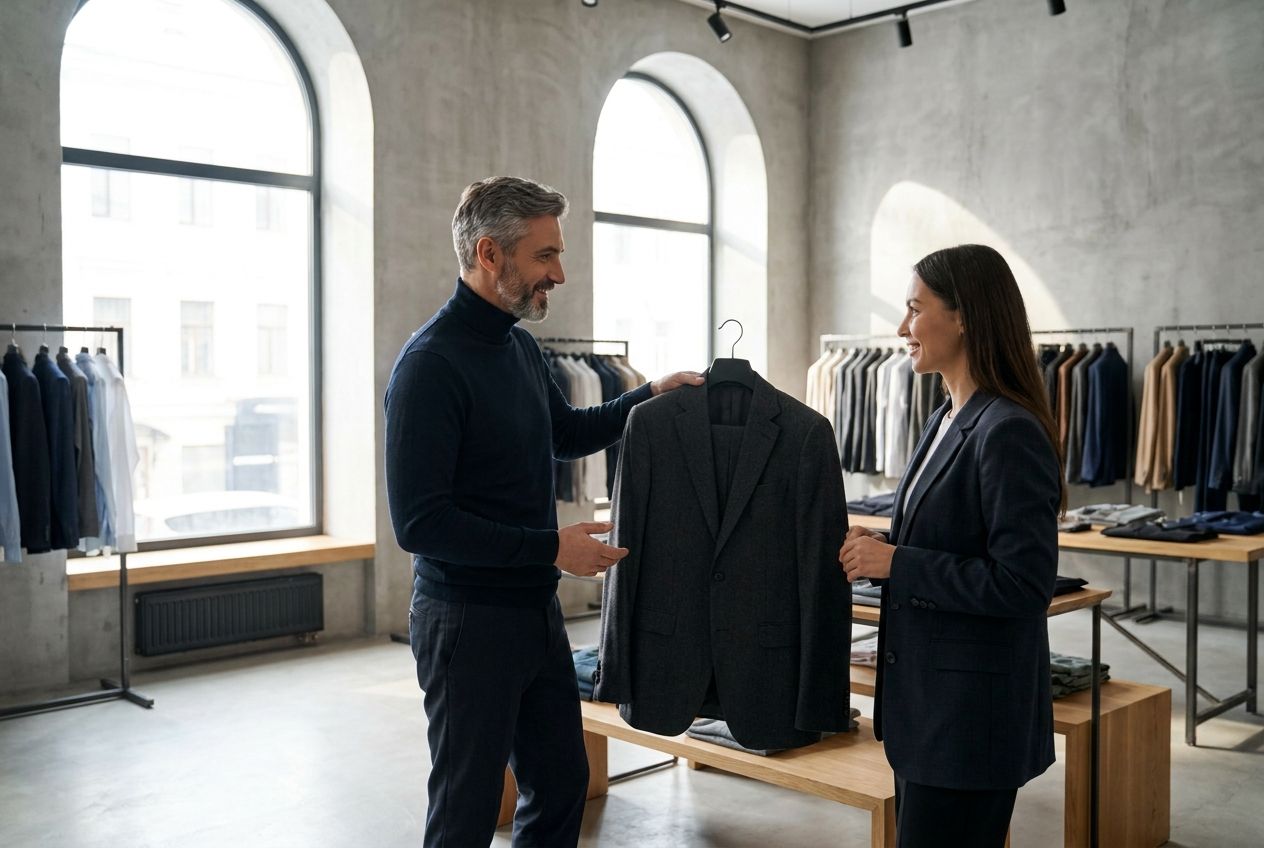 A stylish Russian man in a sleek, modern clothing boutique holds up a dark suit jacket for a thoughtful exchange with an attentive female sales assistant, bathed in crisp natural light that highlights the rich textures of the garments and the elegant interior, composed for a 3:2 landscape photograph.