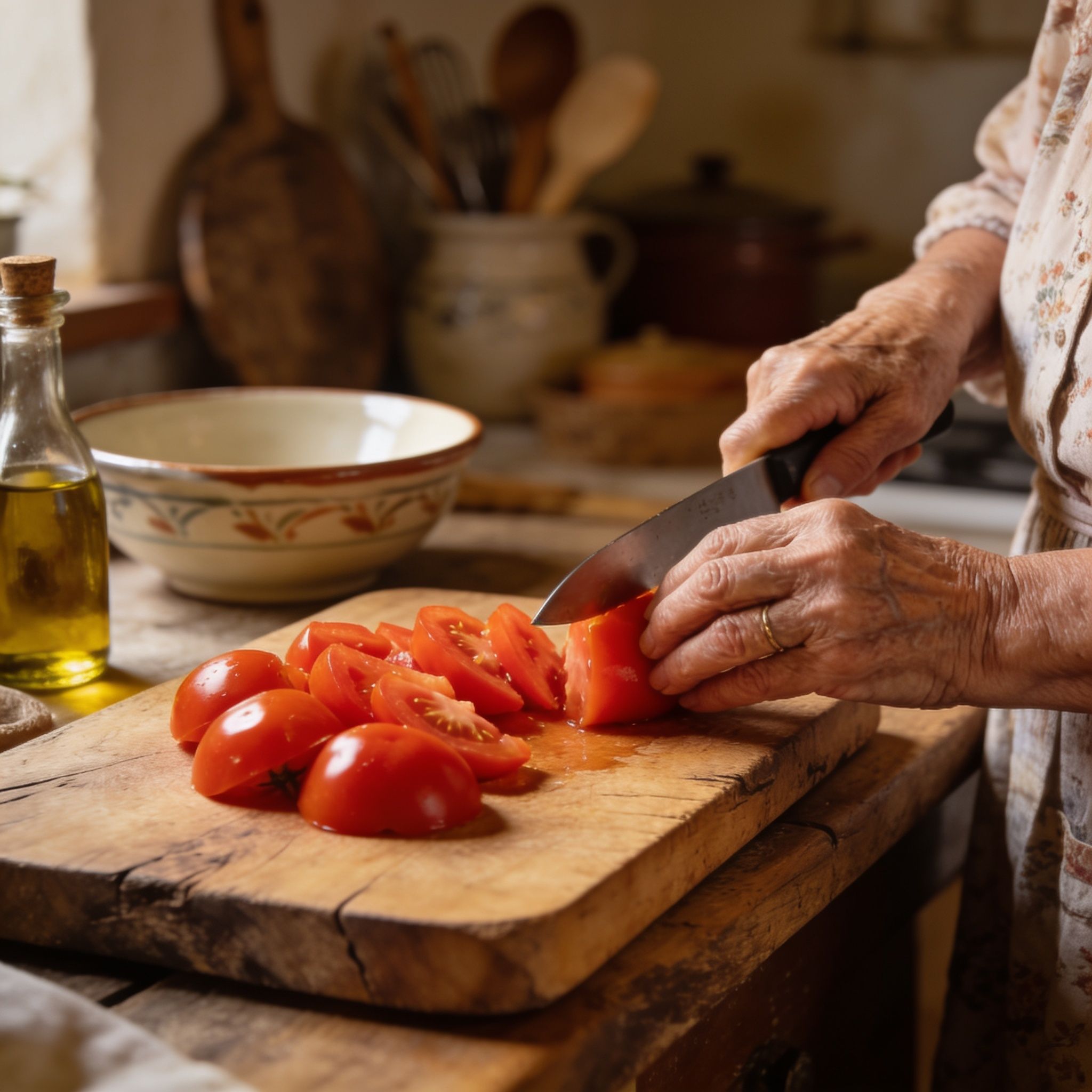 A warm, natural light photograph captures the hands of an elderly Italian woman expertly chopping vibrant red tomatoes on a rustic wooden cutting board. In the softly blurred background, an assortment of traditional Italian cooking utensils, a ceramic bowl, and a bottle of olive oil hint at a bustling, authentic kitchen scene, composed for a 3:2 landscape frame.