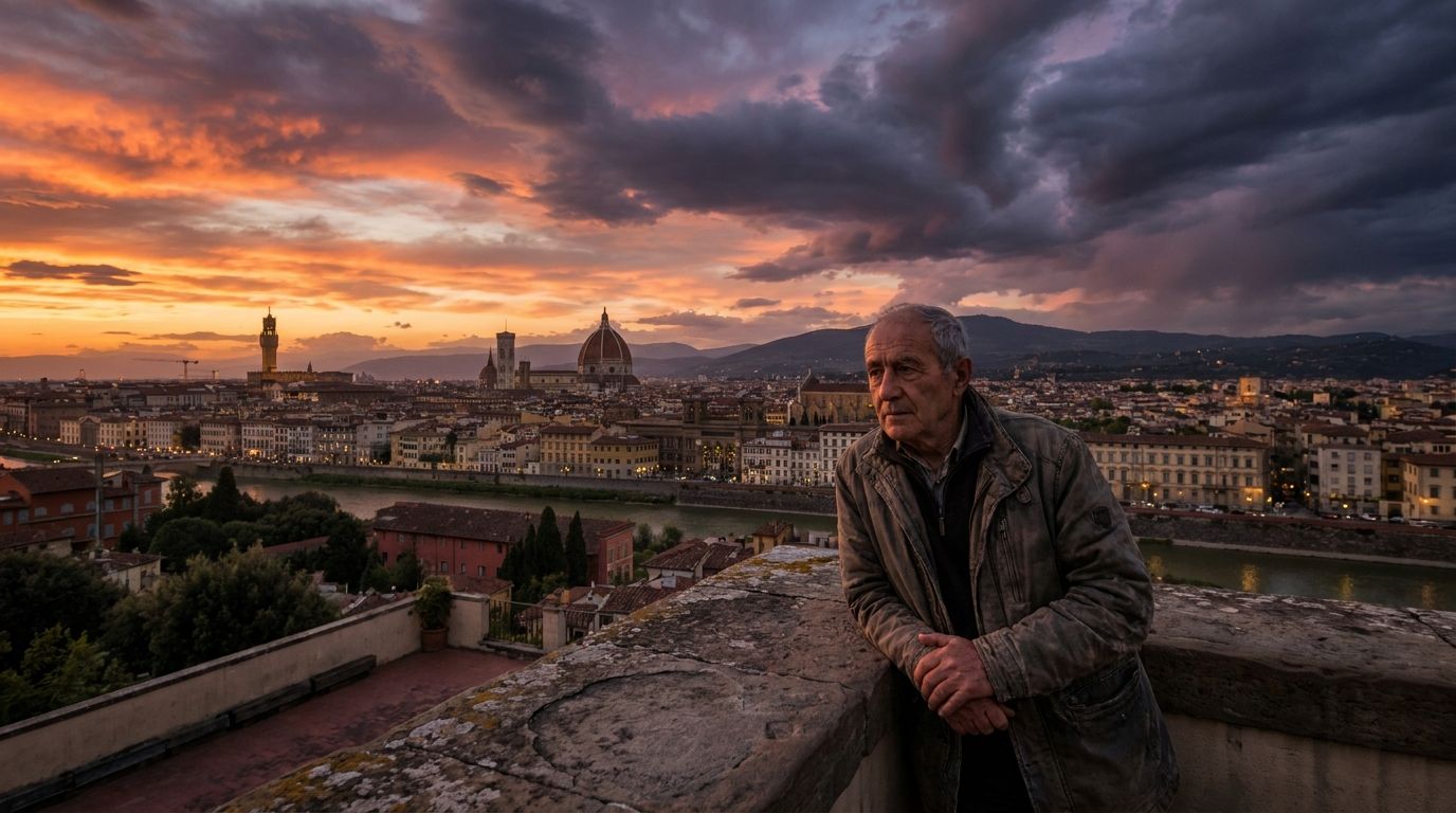 A thoughtful Italian person stands on a scenic rooftop terrace, looking out over a beautiful Italian city towards a dramatic sky at dusk. The sky shows both warm sunset light and distant, atmospheric clouds, symbolizing the anticipation of future predictions and present suppositions, captured in a vivid, wide-angle photograph.