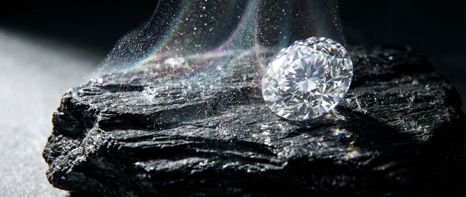 A dramatic, wide-angle close-up photograph of a brilliant, perfectly cut diamond resting on a rough, dark, layered chunk of graphite. A translucent, ethereal shimmer, like a fine mist or film, emanates from the graphite, suggesting the presence of graphene and nanoparticles. The scene is lit with strong, contrasting light, highlighting textures and sparkle for a vivid visual.