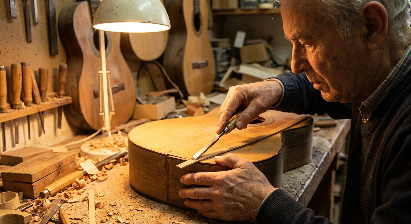 A dramatic, close-up photograph captures a skilled Spanish luthier's hands meticulously shaping and joining delicate pieces of wood to form the body of a classical guitar, with the warm glow of a workshop in the background, symbolizing the intricate connection and definition of individual components to create a beautiful whole.