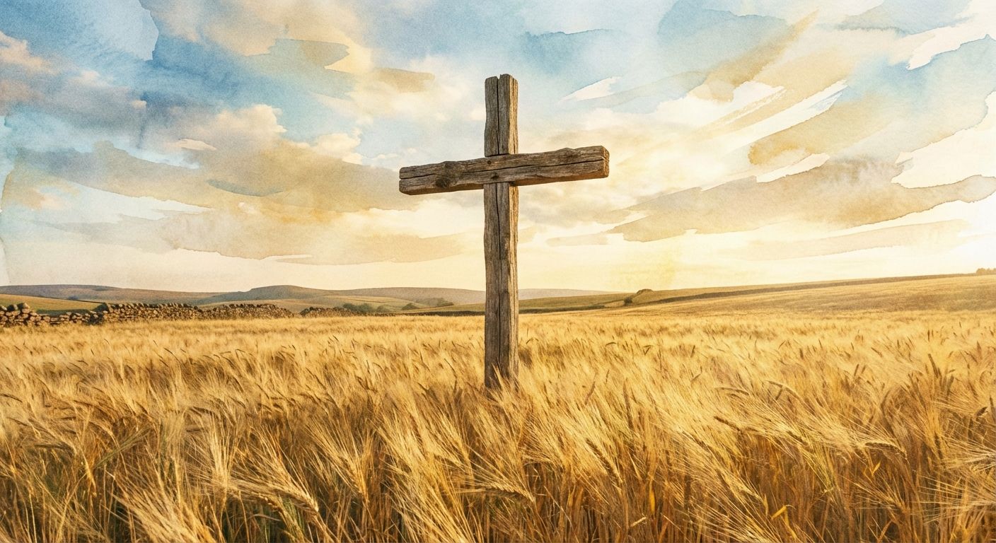 This is a watercolor-style landscape painting. The subject is a simple wooden cross standing tall in a golden wheat field. The cross is centered in the frame. The field extends into the distance, meeting low rolling hills on the horizon. The sky is a soft gradient of blues and golds, mimicking the colors of dawn or dusk. The painting has a gentle, diffused light quality. The brushstrokes are loose and suggest movement in the wheat. The overall tone is peaceful and serene.