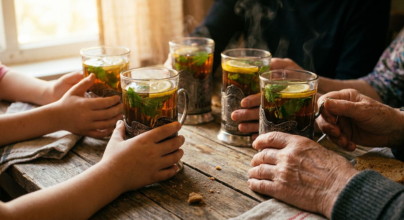 A warm, intimate close-up photograph of several hands, varying in age, holding traditional Russian tea glasses (stakany) filled with hot tea and fresh mint, resting on a rustic wooden table. Soft, golden light from a nearby window illuminates the scene, casting gentle shadows and highlighting the steam rising from the tea, creating a sense of shared companionship in a cozy Russian home.