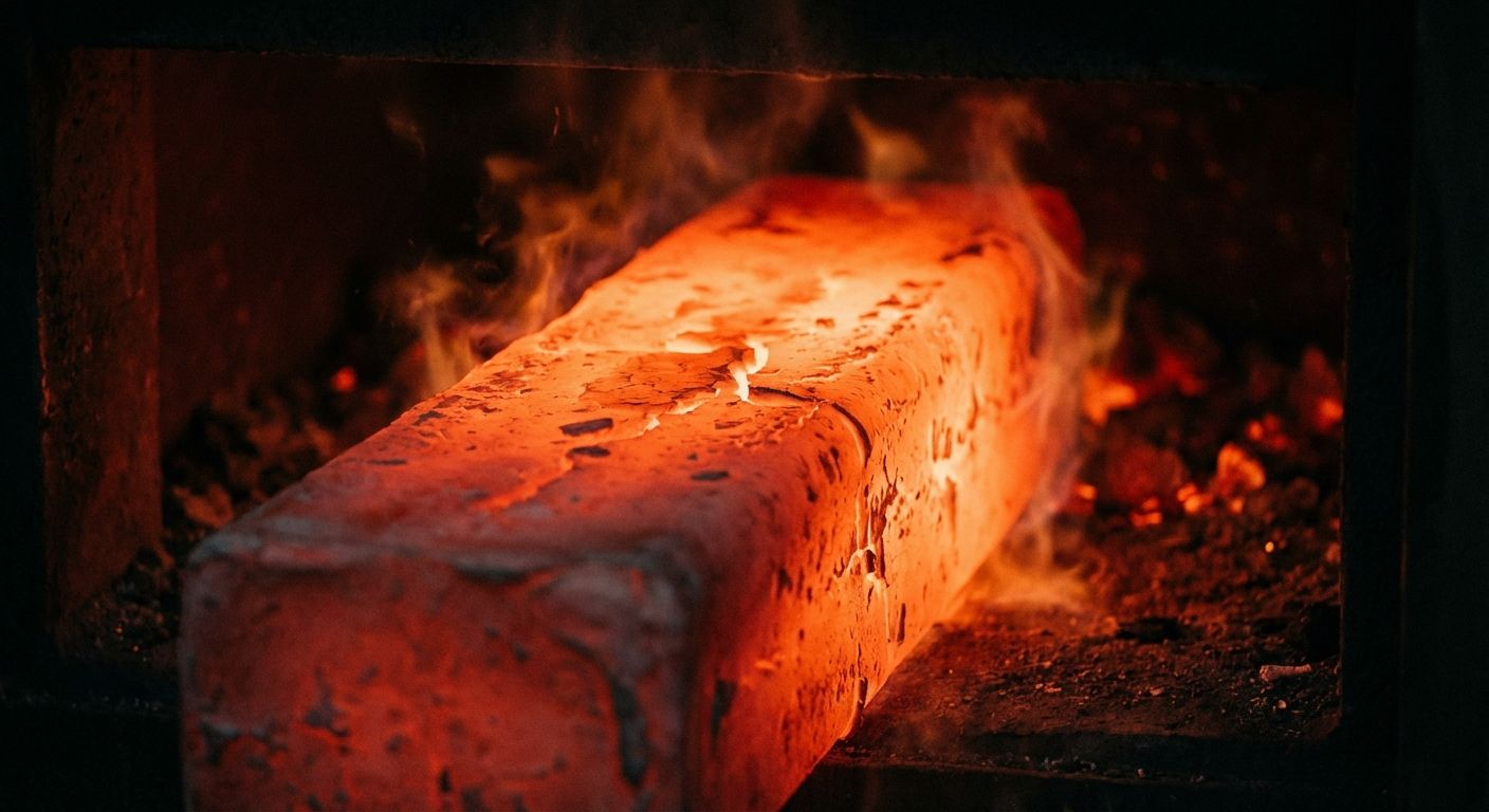 A dramatic close-up photograph of a dark, heavy piece of metal, intensely heated and glowing with a brilliant orange-red light, radiating warmth against a deep, contrasting background. The matt, textured surface of the metal shows visible heat distortion, emphasizing its powerful emission of thermal energy.