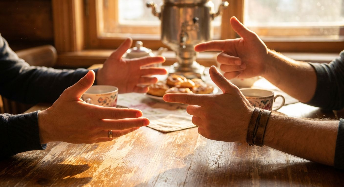 A close-up, eye-level photograph of two people's hands gesturing animatedly during an engaging conversation, set within a warm, sunlit Russian cafe. Rich, natural light highlights the expressive movements of their hands against the blurred background of a wooden table and traditional Russian teacups, evoking fluent and confident spoken communication.