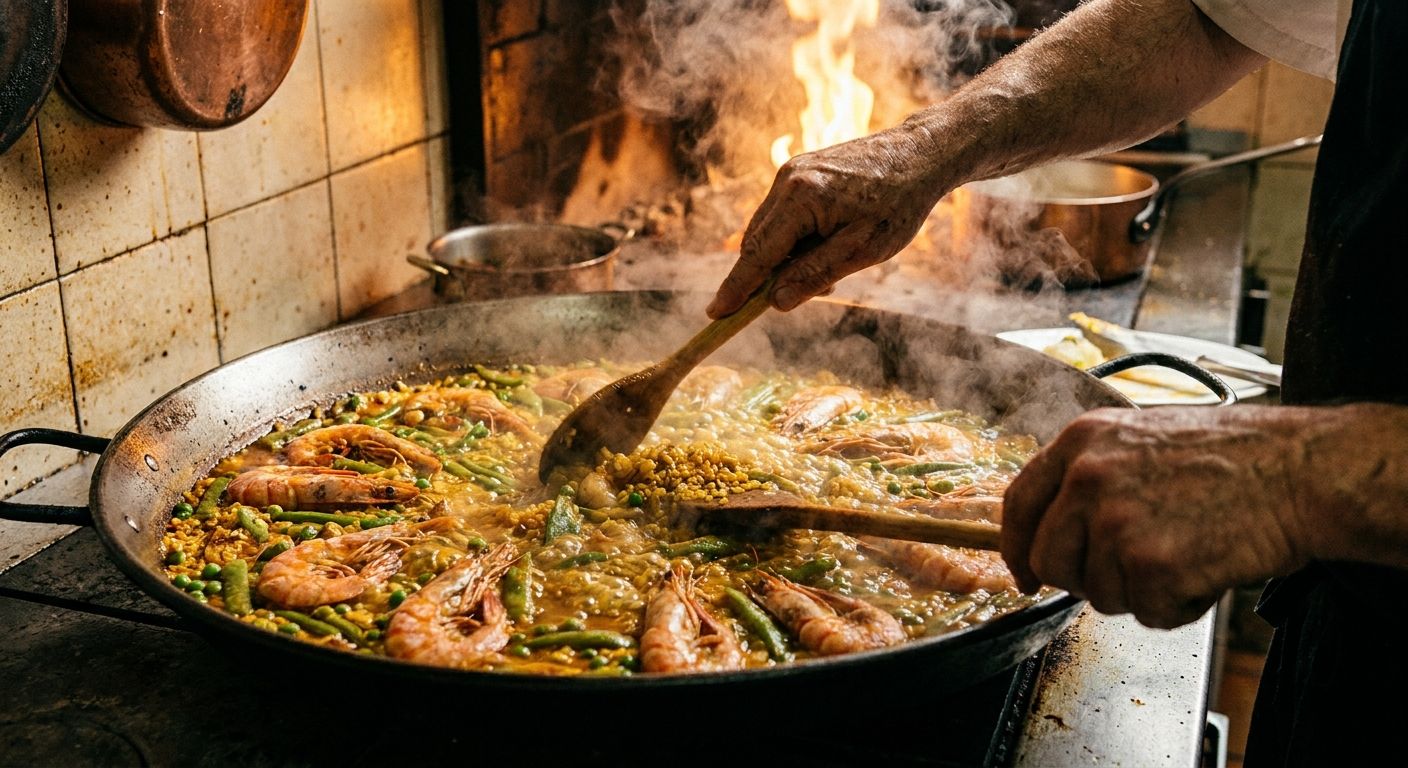 A dramatic, close-up photograph of a Spanish chef's hands stirring a sizzling paella in a large, rustic pan, vibrant with prawns, green beans, and peas. Steam rises, catching the warm, golden light of a kitchen, emphasizing the rich textures and colors.