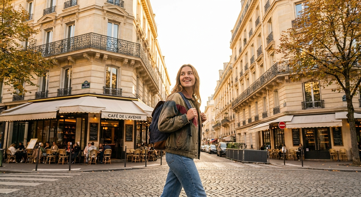 A vibrant photograph of a young person walking confidently down a charming Parisian street, looking towards the horizon with a sense of anticipation. Iconic Haussmannian architecture and a bustling cafe are visible in the background, bathed in warm, golden hour light, suggesting a bright future.
