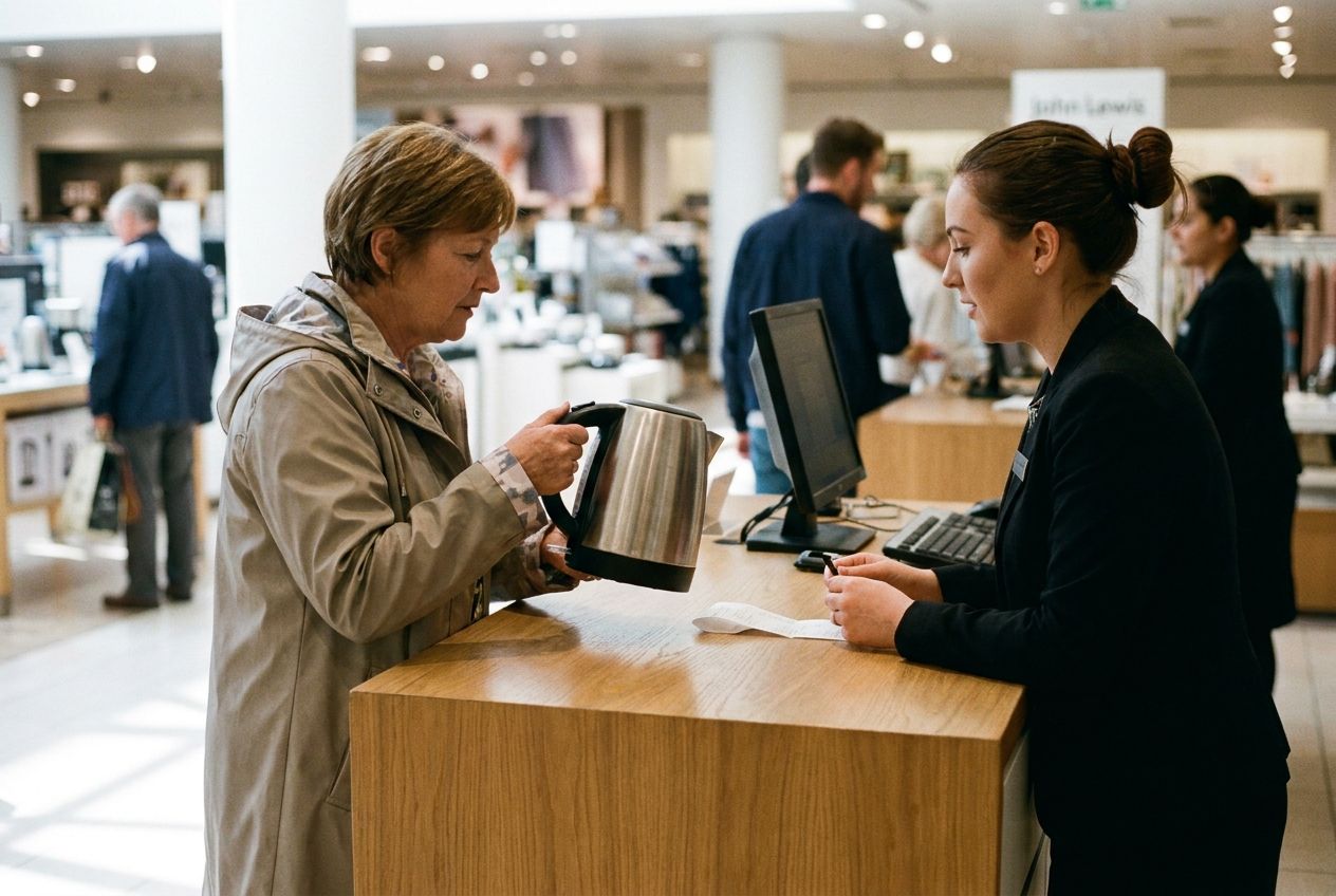 A candid photograph of a customer politely presenting a faulty electric kettle to a British shop assistant at a modern customer service desk in a high-end department store. The scene is brightly lit, focusing on the detailed interaction and the kettle, with a shallow depth of field, composed for a 3:2 landscape frame.