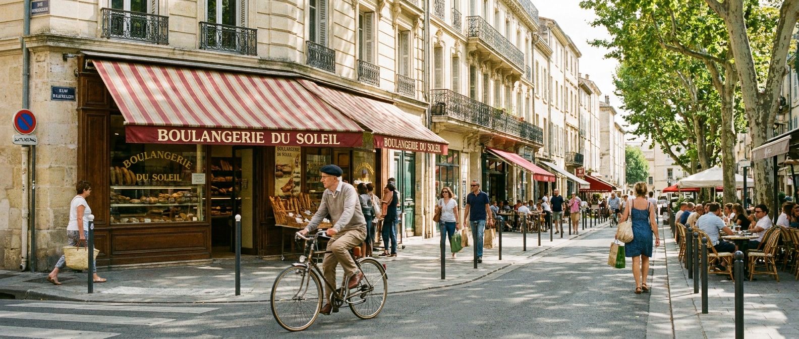 A wide-angle, vibrant photograph of a bustling, sunlit street in a charming French town. A person on a vintage bicycle rides past a traditional boulangerie with an awning, while pedestrians stroll along the sidewalk, and classic architecture lines the background, capturing a lively sense of movement and daily life.