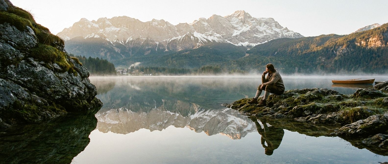 A serene, wide-angle photograph of a person sitting on a rocky shore by a calm lake in the Bavarian Alps, gazing at their own reflection in the still water. The early morning light is soft and golden, creating a sense of peace and introspection.