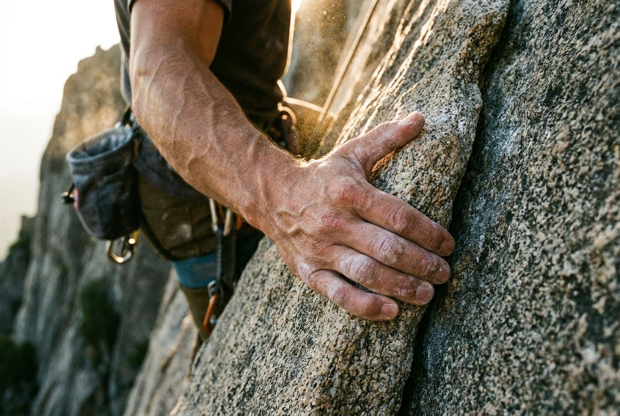 A close-up, dynamic photograph of a person's hand gripping tightly onto a rough rock surface while rock climbing, muscles tensed, veins slightly visible. The scene is bathed in dramatic sunlight, emphasizing the intense physical exertion and the body's adrenaline response, composed for a 3:2 landscape frame.
