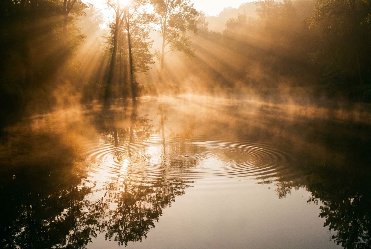 A wide-angle, serene photograph of a still pond surface at golden hour, with intricate, subtle ripples expanding outwards from a central point. Dramatic sunbeams filter through a soft mist above the water, creating a beautiful play of light and shadow, with shimmering reflections on the water's surface, composed for a 3:2 landscape frame.