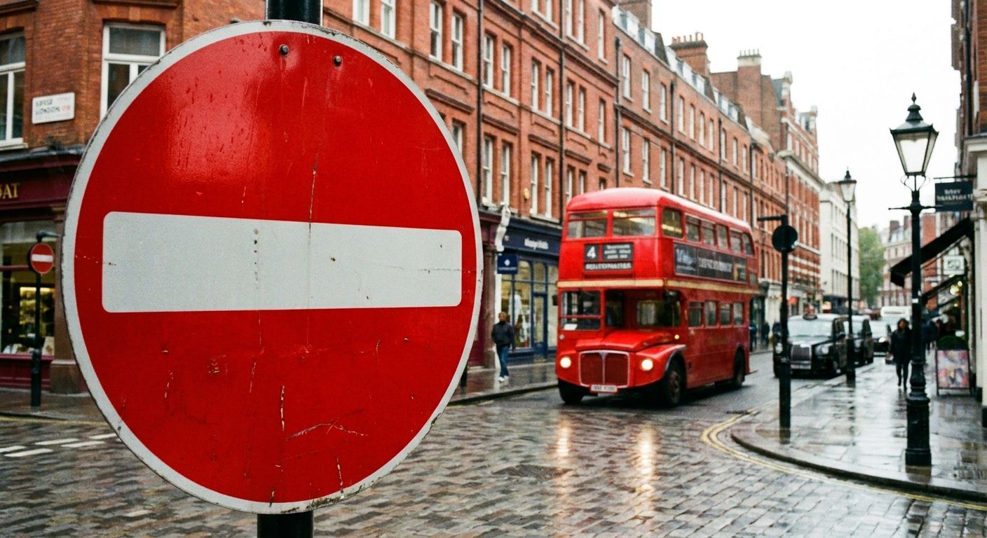 A bold, vibrant red "No Entry" traffic sign stands prominently in the foreground. In the slightly blurred background, a classic British urban street scene unfolds, featuring a red double-decker bus passing by traditional brick architecture, conveying a sense of order and clear directives.
