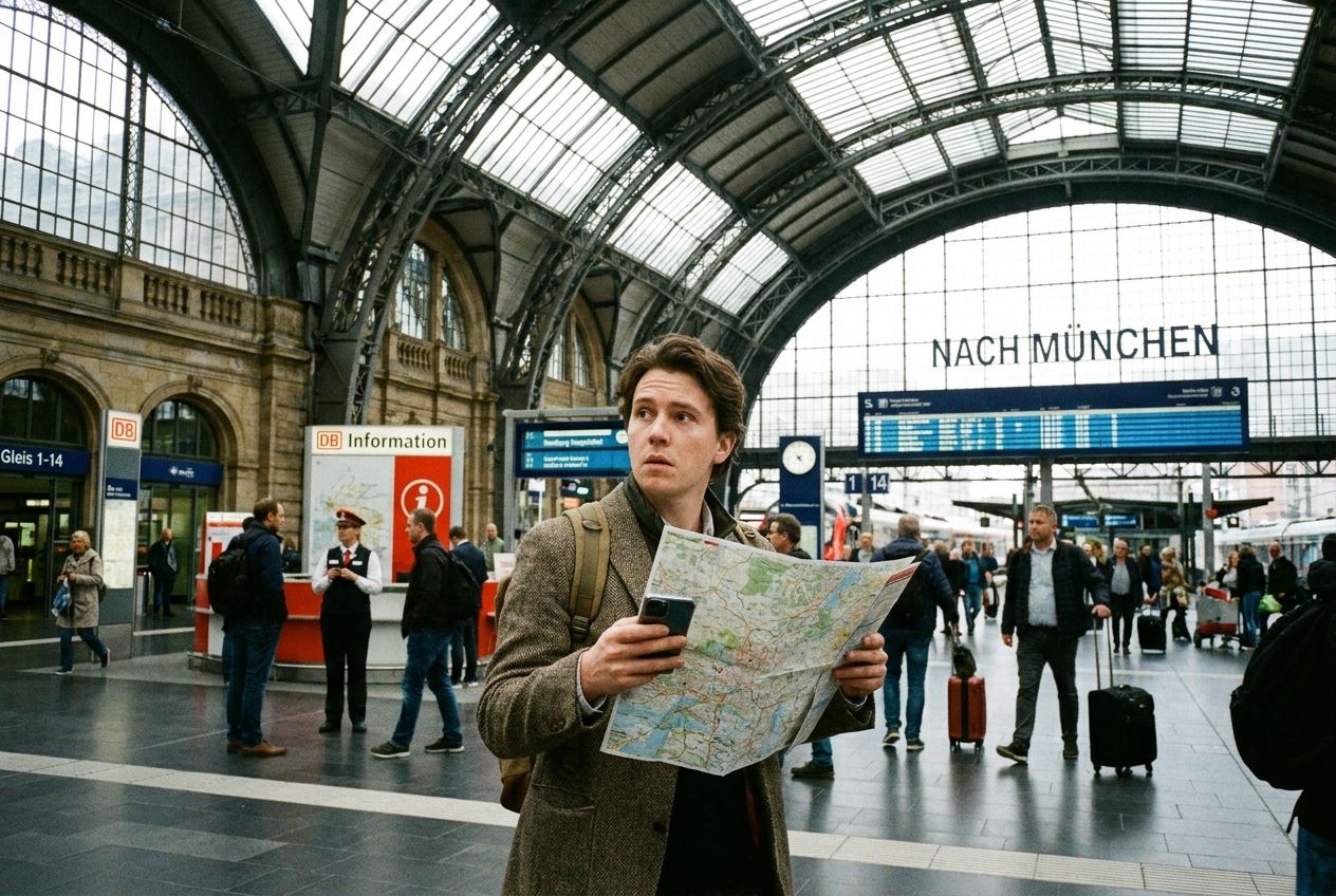 A person with a slightly puzzled expression, holding a map or phone, looking around a bustling German train station concourse, as if seeking information or help. This is a vivid, high-detail photograph with natural lighting, composed for a 3:2 landscape frame.