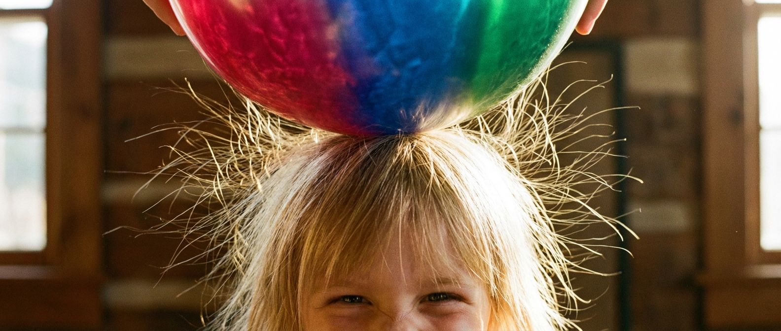 A dramatic, close-up photograph of a child's hair standing on end, playfully attracted to a vibrant balloon held just above their head. The scene is bathed in soft, warm light, emphasizing the fine strands of hair and the balloon's texture, composed for a wide landscape frame.