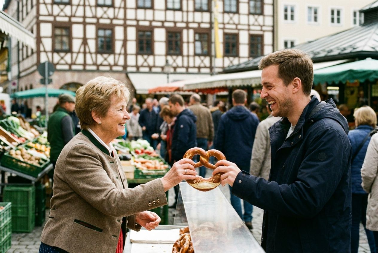 A warm, candid photograph of two people smiling and interacting at a bustling German outdoor market, with one person handing a freshly baked pretzel or a flower to another, implying a friendly exchange. Traditional German architecture and market stalls are softly blurred in the background, capturing an authentic, everyday scene in a 3:2 landscape frame.