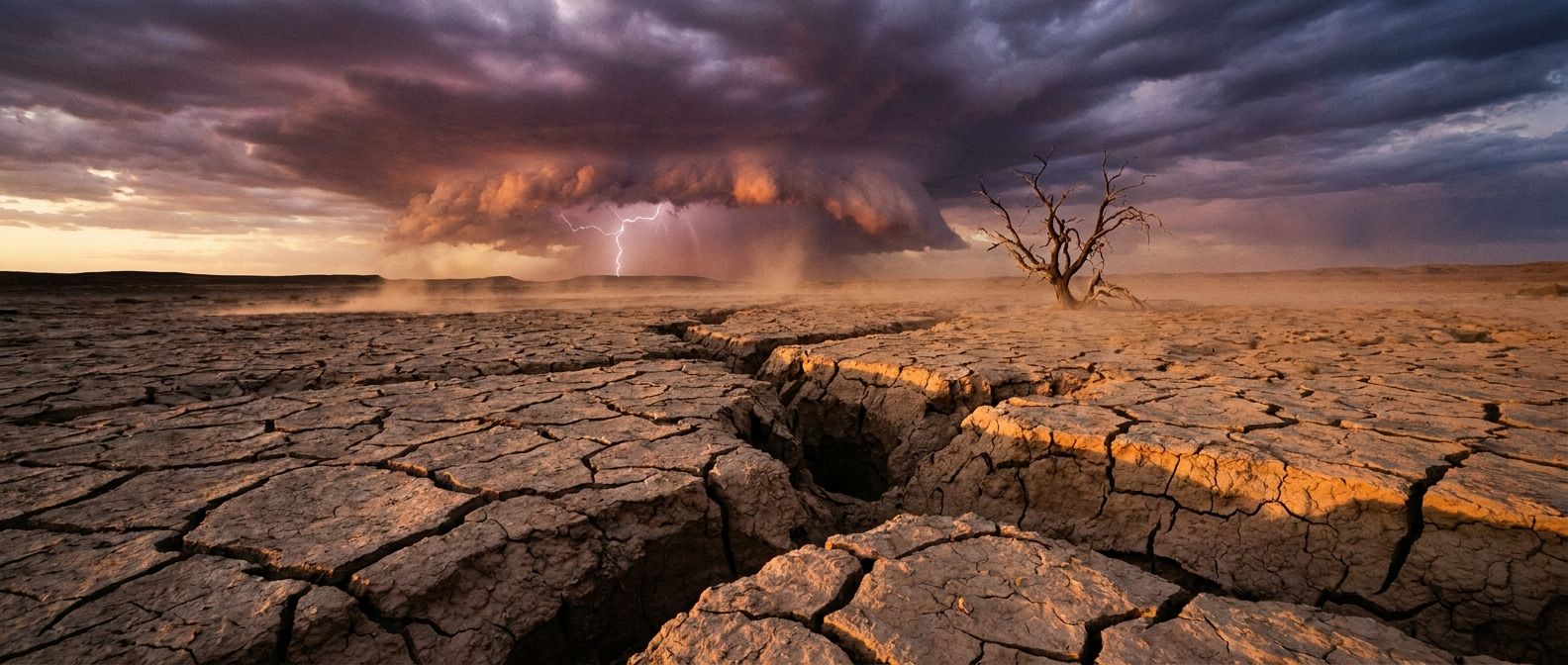 A dramatic wide-angle photograph of a vast, parched landscape, featuring severely cracked, dry earth stretching towards a stormy, brooding sky at dusk. Harsh, natural light emphasizes the intricate textures of the drought-stricken ground, conveying the intensity of environmental challenges.