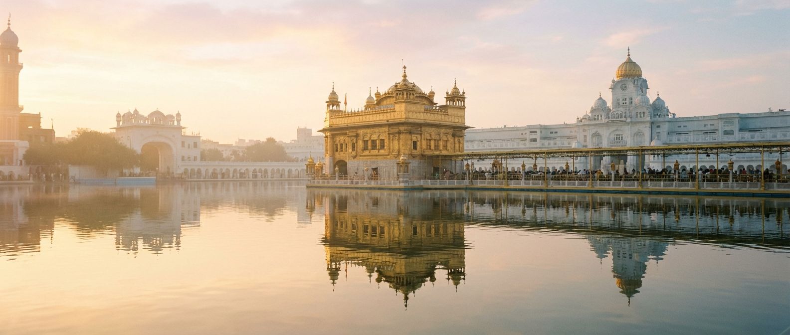 A breathtaking wide-angle photograph of the Golden Temple (Harmandir Sahib) in Amritsar, India, at sunrise, with the temple's golden dome and intricate marble reflected perfectly in the serene holy pool. Soft, ethereal golden light bathes the entire scene, evoking a sense of profound peace and spiritual reverence.