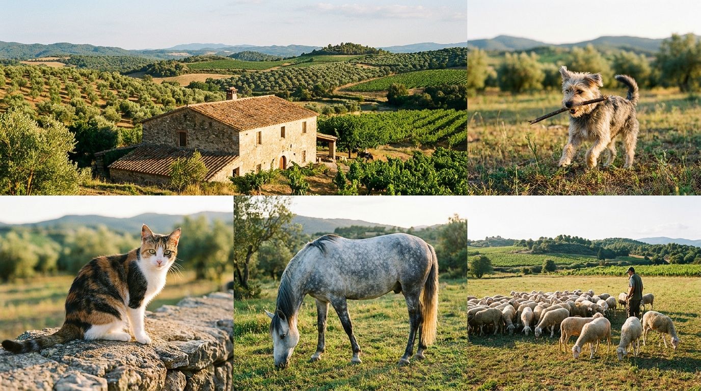 A picturesque rural Spanish landscape bathed in golden hour light, featuring a harmonious scene with a playful dog, a curious cat, a majestic horse, and grazing sheep. Wide-angle shot, vibrant colors, photorealistic.