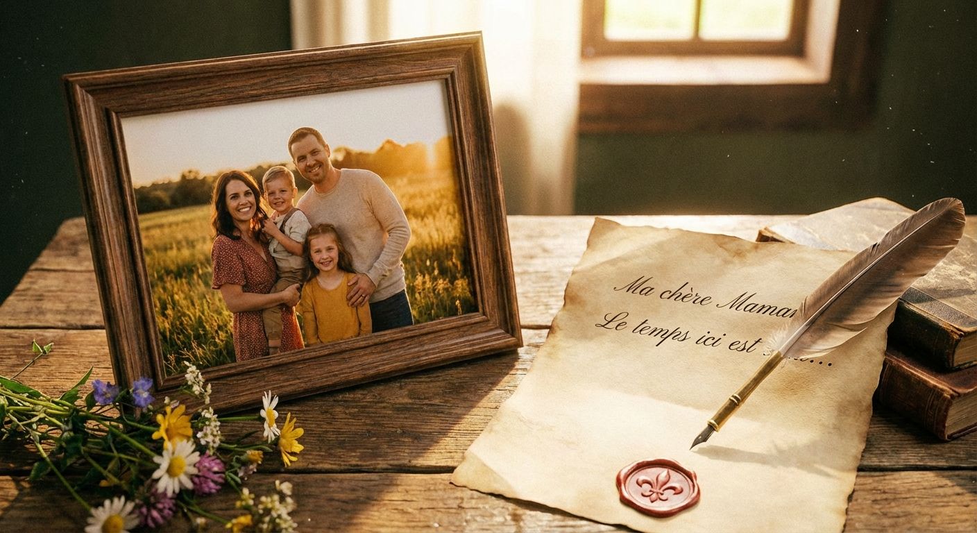 The image evokes a nostalgic and sentimental mood, with a warm, golden color palette. The composition is a still life on a rustic wooden table. A framed photograph depicting a family of four in a sunlit, grassy field is prominent on the left. Next to it is a cluster of wildflowers. To the right is an antique letter, sealed with red wax, and quill with old books. The style is reminiscent of vintage photography with a soft focus and a gentle, golden hue that adds to the scene's warmth. A window in the background offers a soft, blurred view of greenery, enhancing the peaceful atmosphere.