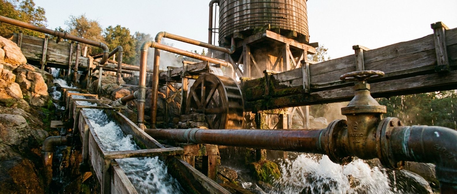 A dramatic, wide-angle photograph of an intricate, old-fashioned water system. Water flows powerfully through a network of copper pipes and wooden channels, some narrow and some wide, leading to a small, spinning water wheel. A large, elevated water tank in the background provides the pressure, while a partially closed brass valve in the foreground creates a visible obstruction to the flow, all under warm, natural light.