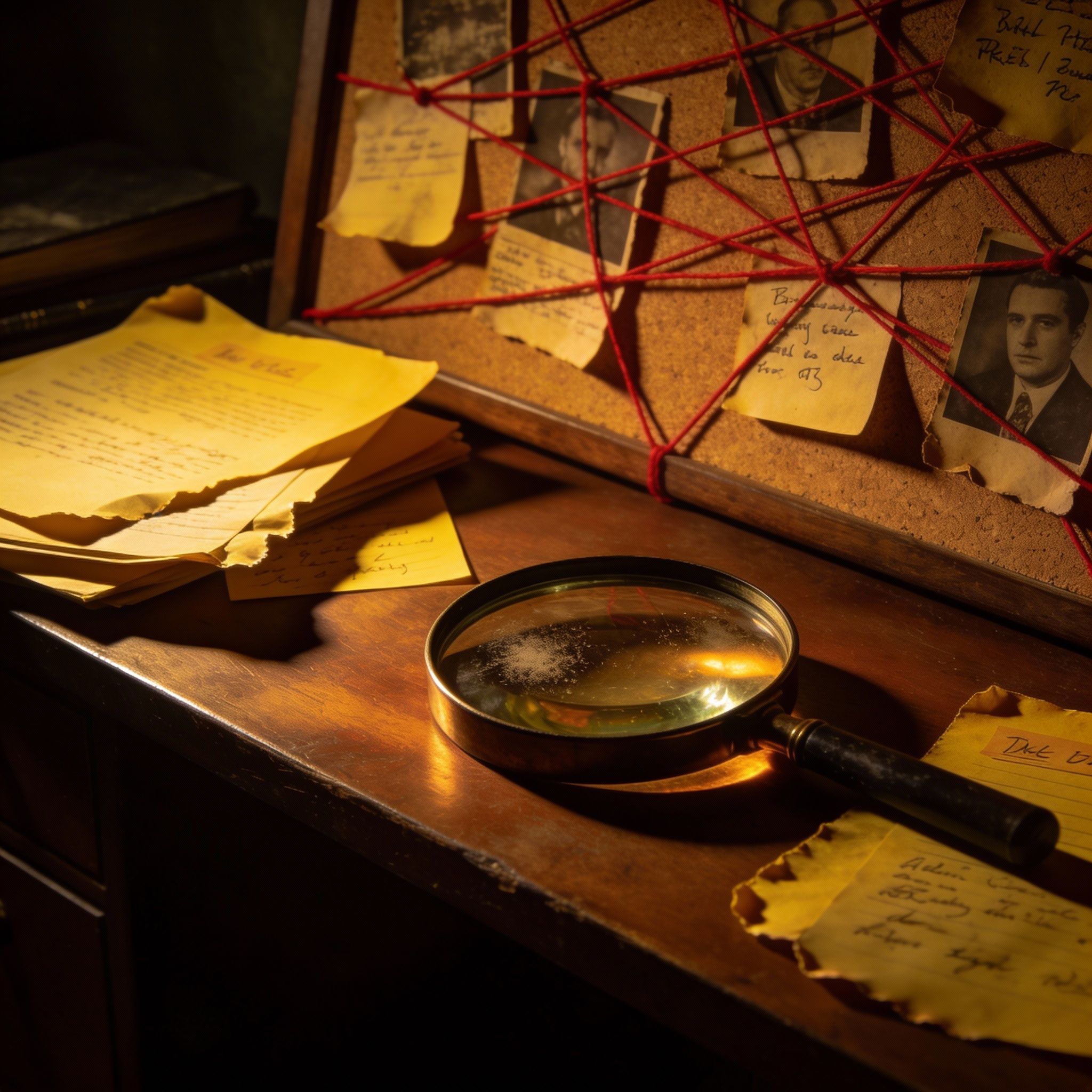 A detective's desk bathed in noir-style light, cluttered with magnifying glasses, yellowed documents, and a corkboard connected by red string. The scene conveys the feeling of piecing together a complex puzzle.