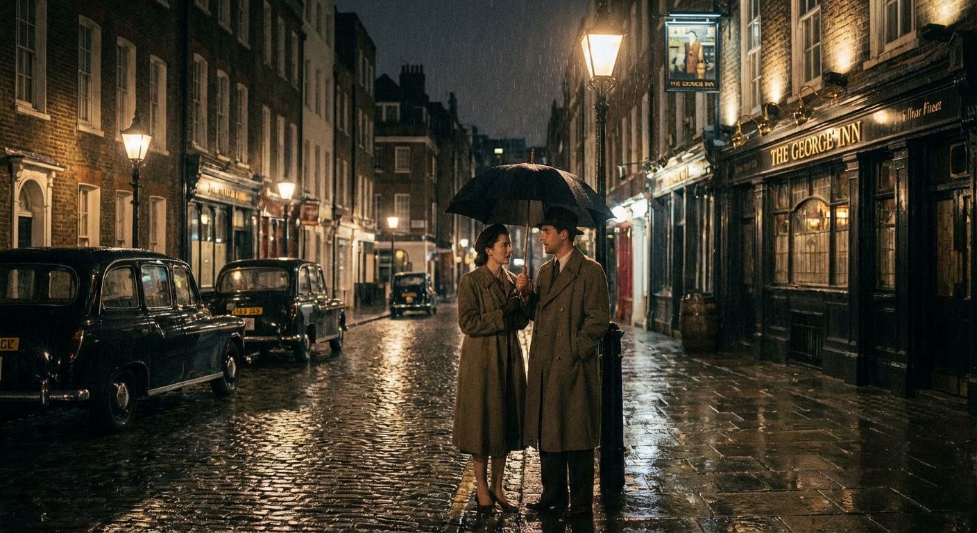 Here's a description to help generate a similar image:

Imagine a cinematic, dimly lit scene set on a wet, cobblestone London street at night. The primary focus is a couple in vintage attire – long coats, and dark hat for the man – sharing an umbrella. Rain glistens on the cobblestones, reflecting the warm light from antique-style street lamps and the inviting glow of a traditional pub called "The George Inn." The buildings are tall and close together, made of brick. Several classic black taxi cabs line the street, adding to the vintage aesthetic. The overall mood is romantic, nostalgic, and slightly melancholic. The color palette is muted, with browns, blacks, and warm yellow light dominating.