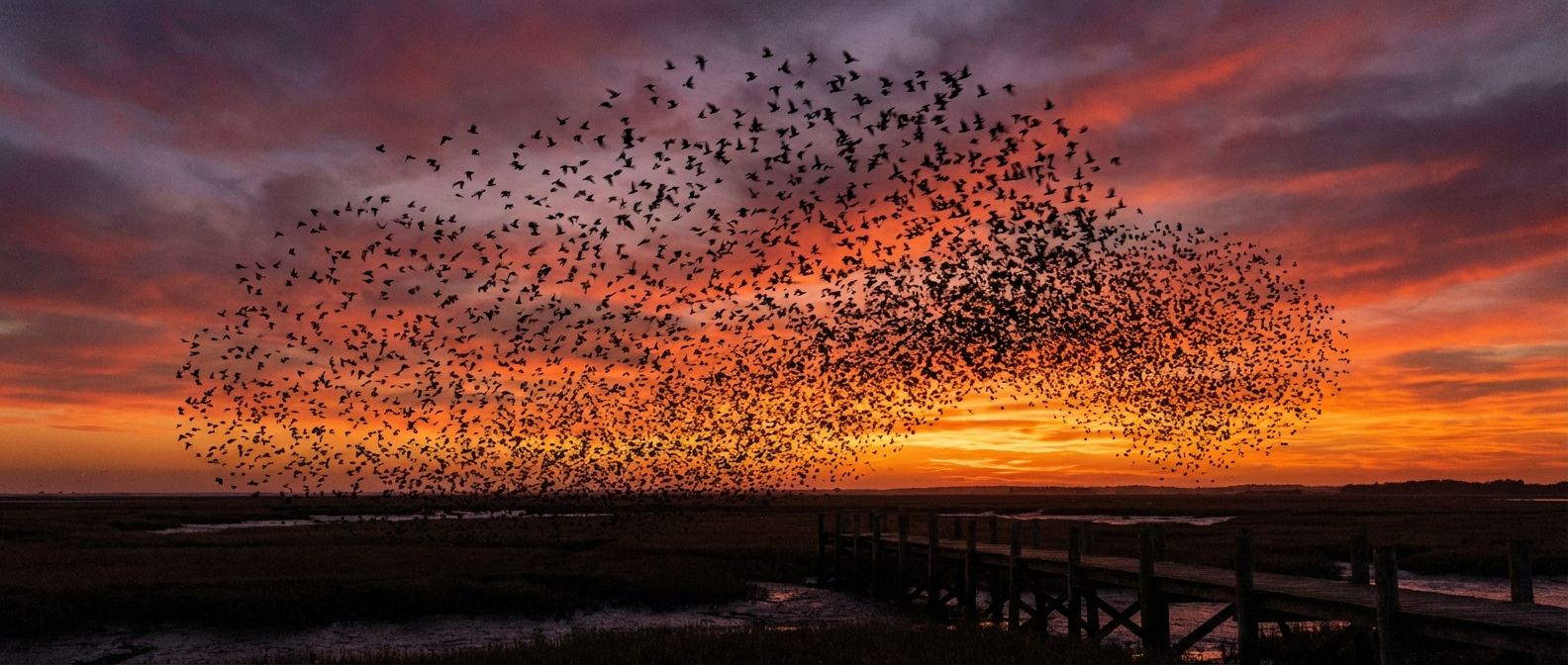 A dramatic wide-angle photograph of a massive murmuration of starlings at dusk, silhouetted against a vibrant orange and purple sunset sky. The dense, fluid swarm of thousands of birds creates intricate, ever-changing patterns, with individual birds discernible showing subtle variations, all moving with a powerful, unified purpose.