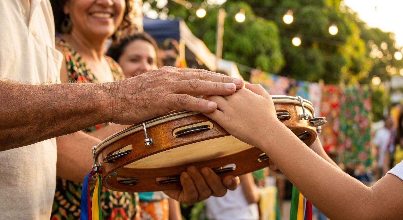 A vibrant, close-up photograph of two hands, one gently guiding the other as they both hold a single, beautifully crafted pandeiro (Brazilian tambourine). The scene is bathed in warm, natural sunlight, with a softly blurred background hinting at a lively outdoor Brazilian gathering, emphasizing connection and shared experience.