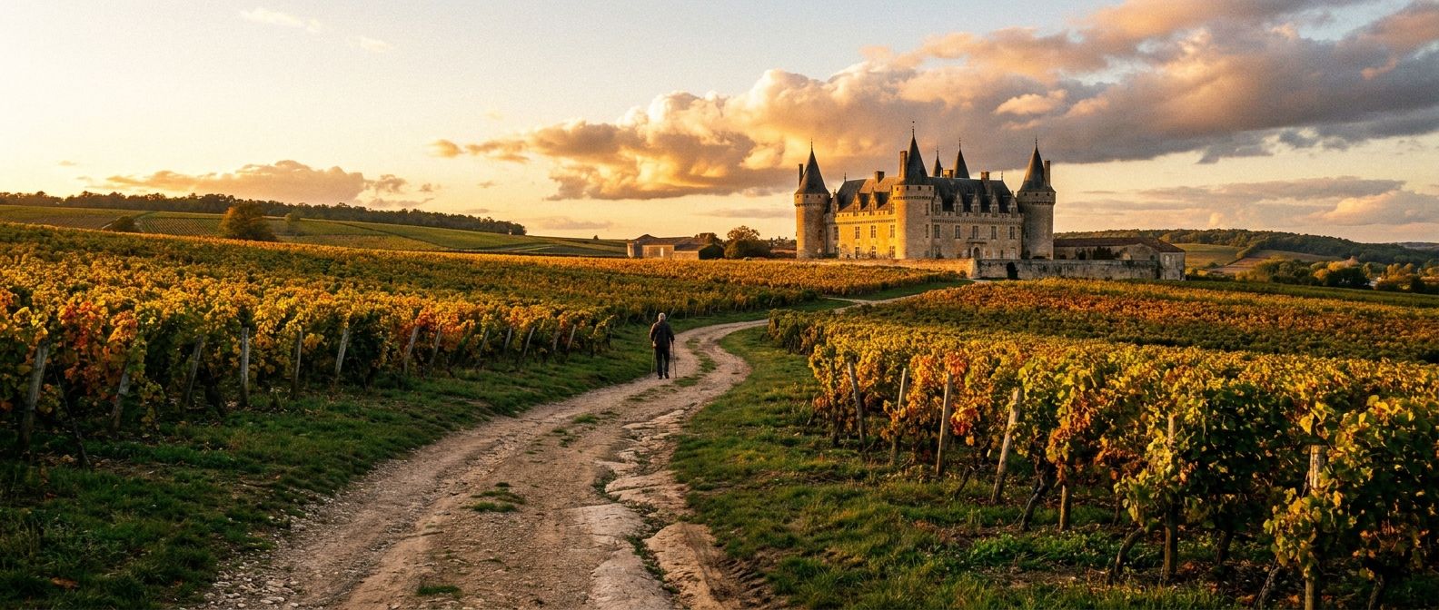 A dramatic wide-angle photograph of a winding path leading through a vibrant French vineyard, culminating in an ancient, majestic chateau visible in the distance, bathed in the warm, golden light of late afternoon. The scene evokes a journey through life culminating in achievement and legacy.