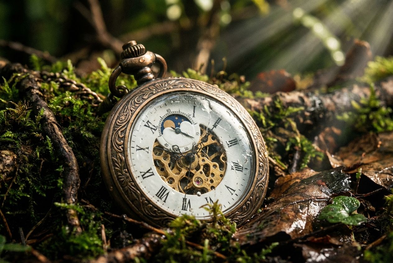 A dramatic close-up photograph of a meticulously crafted vintage pocket watch, partially nestled in vibrant, mossy forest undergrowth. Sunlight filters through the dense canopy, dappling the scene with high contrast light and shadow, highlighting the intricate details of both the watch and the surrounding ancient roots and fallen leaves, composed for a 3:2 landscape frame.