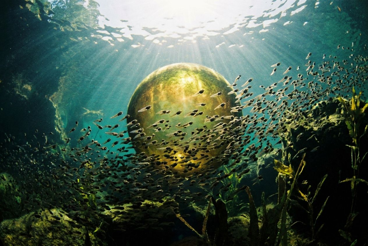 A dramatic underwater photograph, taken from a slightly low angle, showing a swarm of tiny tadpoles swimming vigorously towards a single, much larger, luminous spherical object in the distance. The water is clear, with dappled natural light filtering from above, creating a sense of urgency and journey, composed for a 3:2 landscape frame.