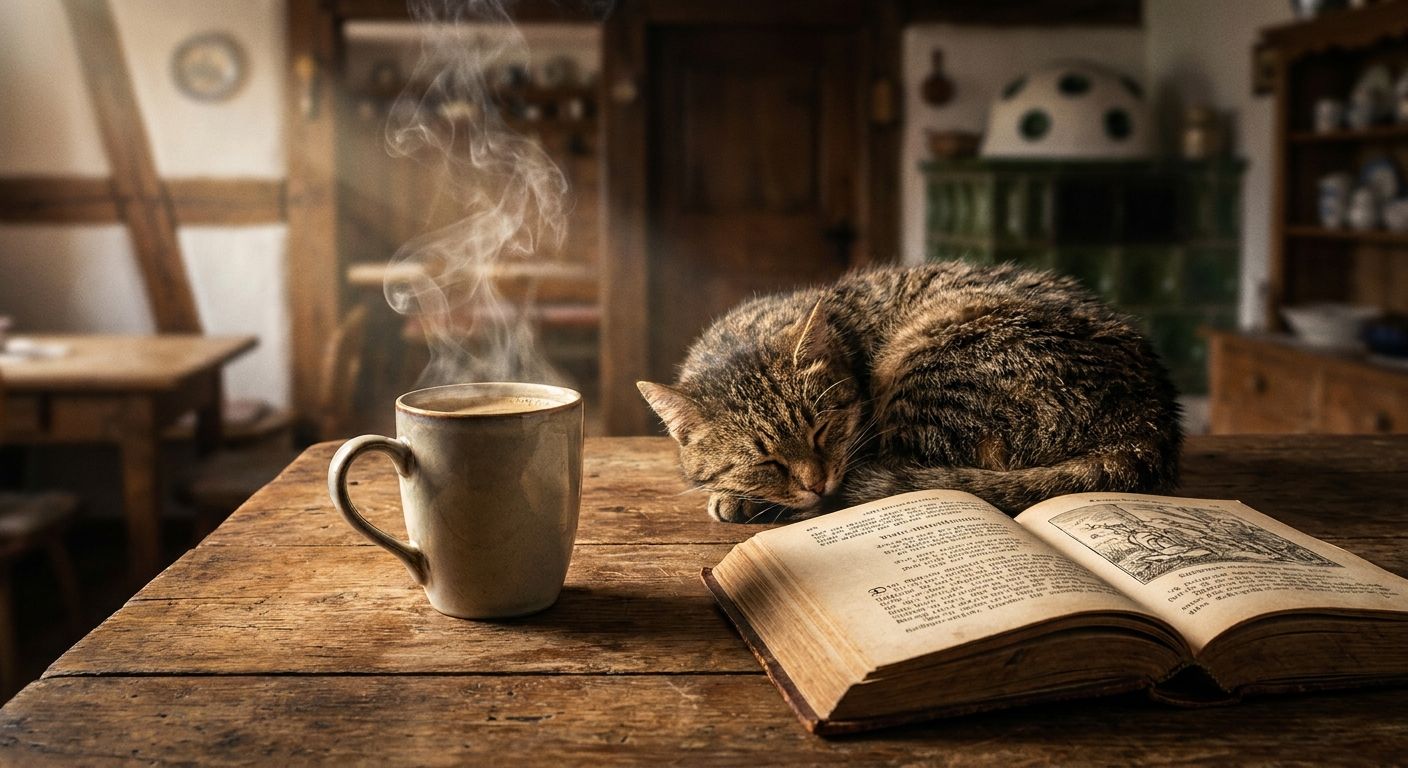 A dramatic, well-lit close-up photograph of a steaming cup of coffee, a sleeping cat, and an open antique book, each distinctly placed on a rustic wooden table. The background is a softly blurred, warm interior of a traditional German home, emphasizing the unique character and individual beauty of each item.
