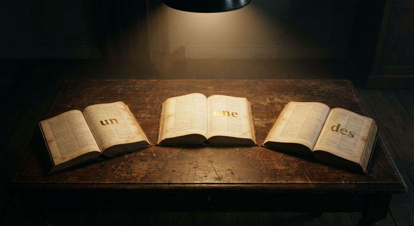 The image depicts three antique books open on a dark wooden table. The books are spaced evenly across the table, arranged in a subtle arc. Each book has the same old style, with yellowed pages filled with tiny text. The words "un", "une", and "des" are printed in a large, golden, serif font on the central pages of each book, respectively. A single light source from above illuminates the books and the table, casting the rest of the scene into deep shadow. The overall tone is academic and mysterious, with a vintage aesthetic.