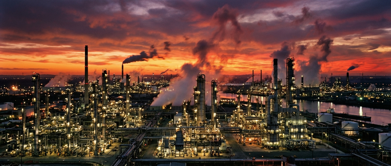 A dramatic wide-angle photograph of a sprawling oil refinery at twilight, its intricate network of pipes and towers illuminated against a deep orange and purple sky. Wisps of steam and smoke rise into the atmosphere, creating a powerful sense of industrial scale and environmental impact.