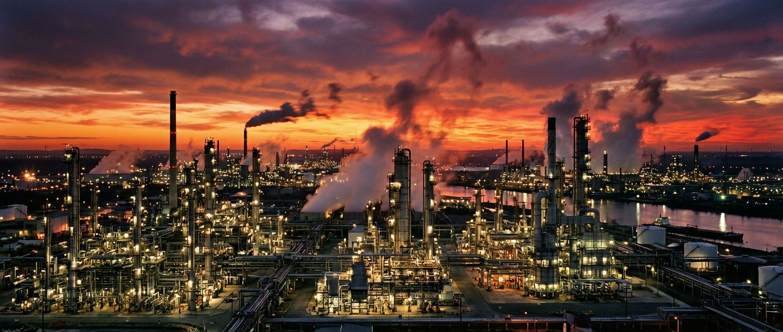 A dramatic wide-angle photograph of a sprawling oil refinery at twilight, its intricate network of pipes and towers illuminated against a deep orange and purple sky. Wisps of steam and smoke rise into the atmosphere, creating a powerful sense of industrial scale and environmental impact.