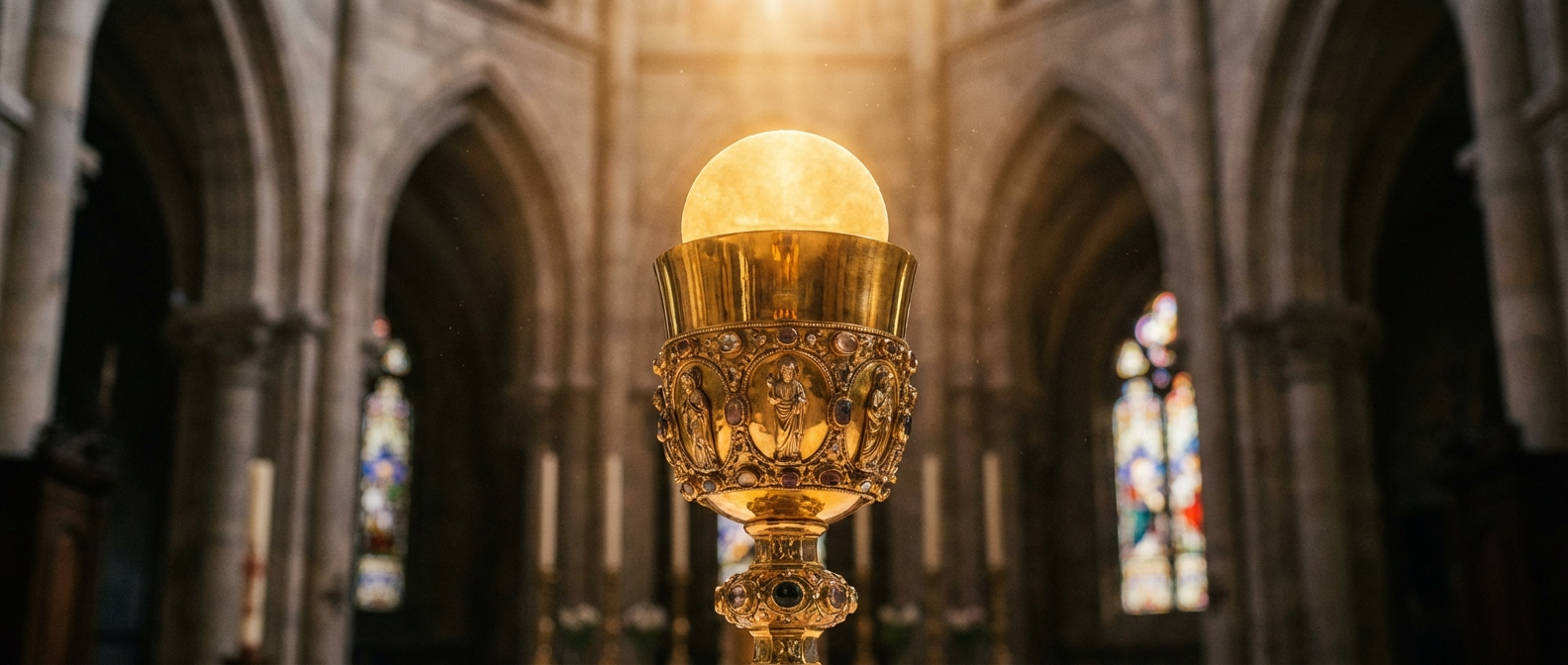 A dramatic close-up photograph of a golden chalice and a consecrated host, glowing with warm, ethereal light from an unseen source, set against a softly blurred background of a historic Catholic church interior. The scene evokes solemnity and reverence, composed for a wide, horizontal frame.