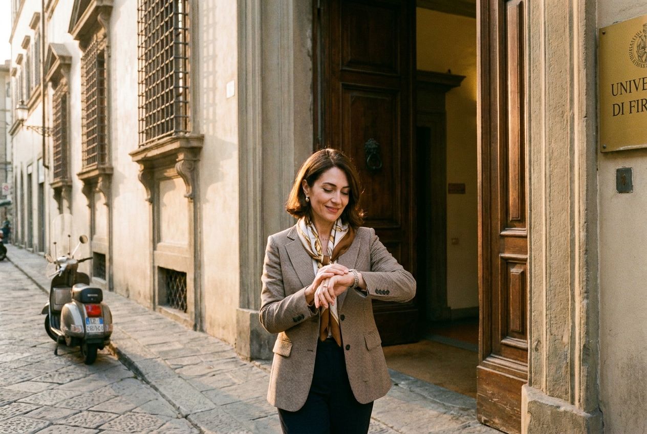 A stylish Italian person walks out of an elegant, classic Italian building, which could be an office or university, during the golden hour. They are looking at their wrist watch with a subtle, content expression, as if just finishing their day. The scene is a vivid, high-resolution photograph with warm, soft light, composed for a 3:2 landscape frame.