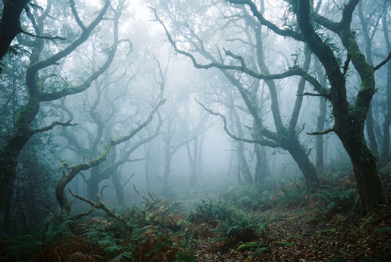 A wide, atmospheric photograph of a dense fog rolling through a serene, ancient forest. Bare tree branches emerge from the soft, diffused mist, creating a mysterious and tranquil scene in a 3:2 landscape frame.