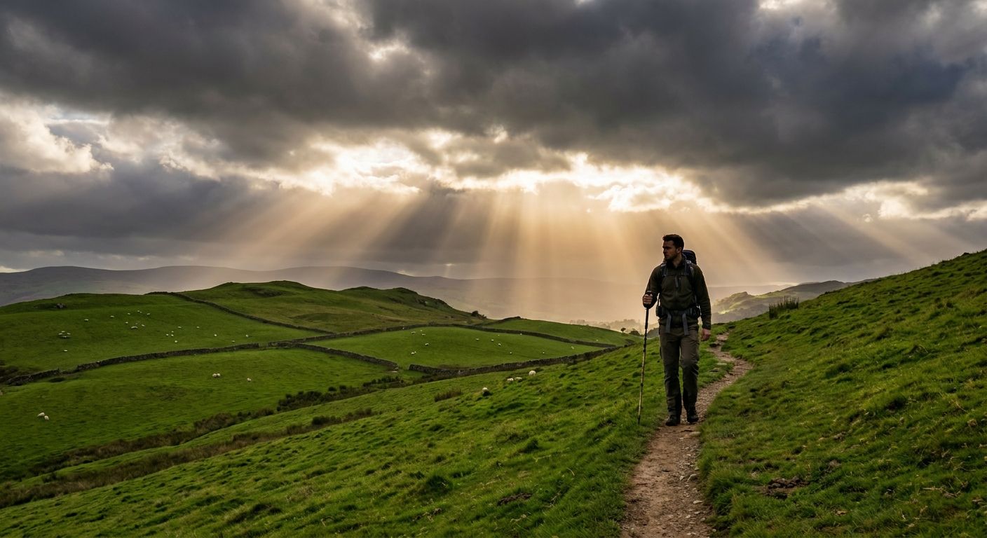 A solitary figure hikes along a winding dirt path through the vibrant, rolling green hills of the British countryside, under a dramatic sky with sunbeams piercing through the clouds. The scene is captured in a vivid, realistic photograph, emphasizing the beauty and serenity of the active pursuit.