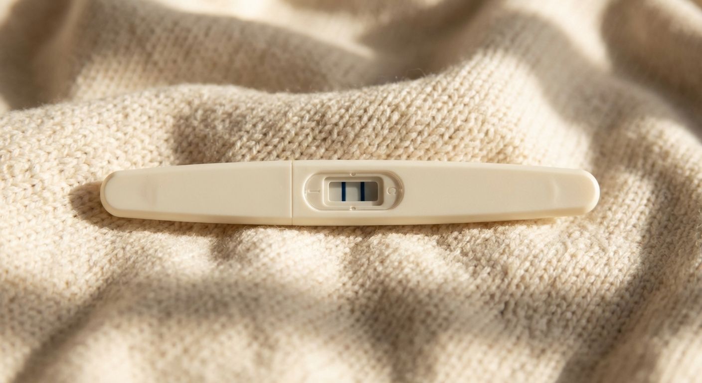 A dramatic, close-up photograph of a classic pregnancy test strip displaying a clear positive result with two distinct blue lines. The test strip lies horizontally on a soft, textured surface, with warm, diffused natural light highlighting the blue lines and creating a sense of hope and anticipation.