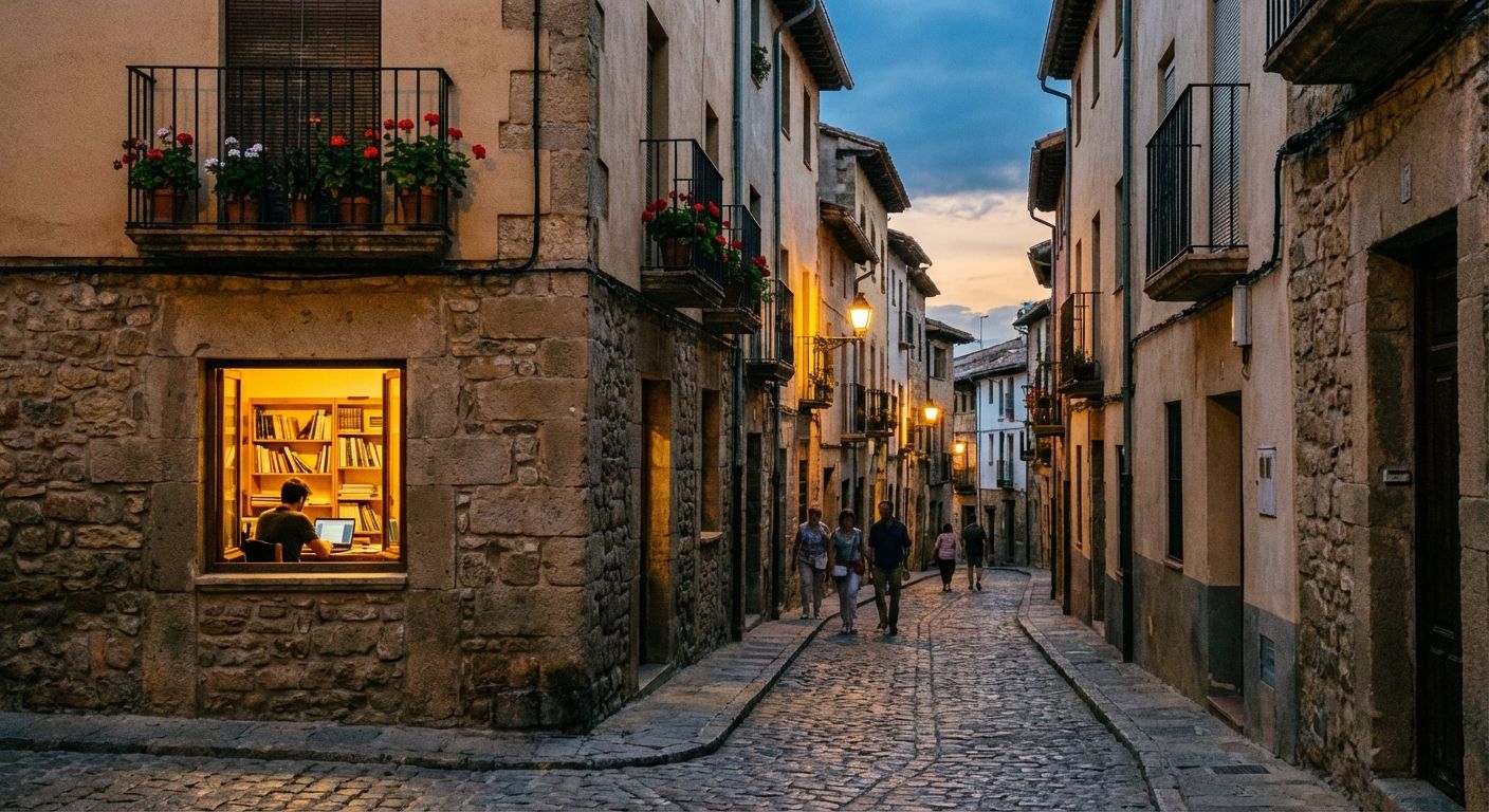 This is a wide-angle shot of a narrow, cobblestone street in a European-style town at dusk. Buildings with beige or light brown facades line both sides of the street, featuring stone accents, small balconies with black iron railings, and flower pots. A warm, golden light emanates from the windows of some buildings, particularly one in the foreground where a person is working on a laptop, a bookshelf illuminated behind them. The street is subtly lit by glowing street lamps. A few people are walking down the street in the distance. The sky is a blend of blue and orange, suggesting the sun has recently set. The overall style is realistic with a focus on capturing the ambiance of a historic town.