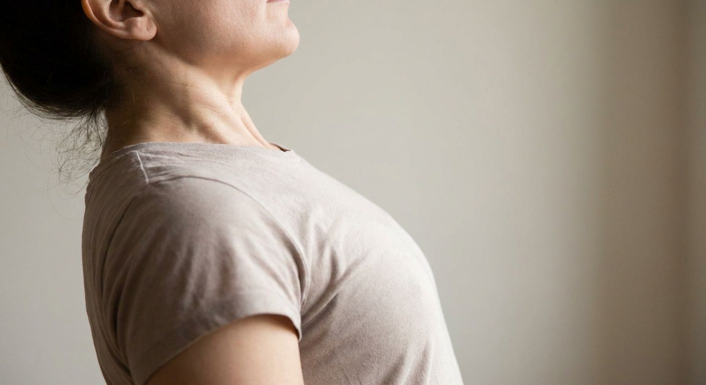 A powerful, close-up photograph of a person's chest and neck, seen in profile, during a deep, invigorating inhale. The rib cage is visibly expanded, and subtle muscle tension conveys the effort and life-giving process of breathing, with soft light emphasizing the contours of the body against a clean, neutral background.