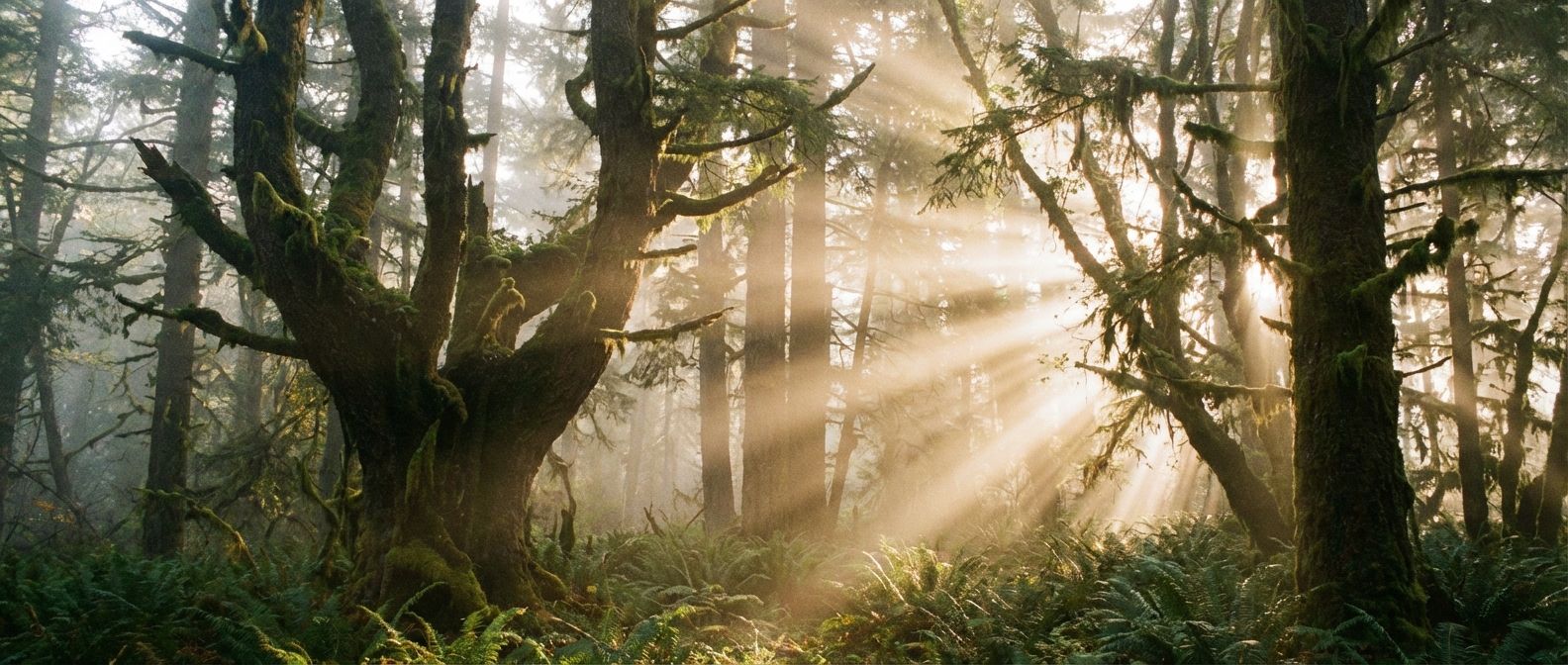A wide-angle, dramatic photograph of ancient, towering trees in a dense forest, with powerful golden sunbeams piercing through a thick morning mist, illuminating dust motes and creating an ethereal, awe-inspiring scene of natural wonder and creation.