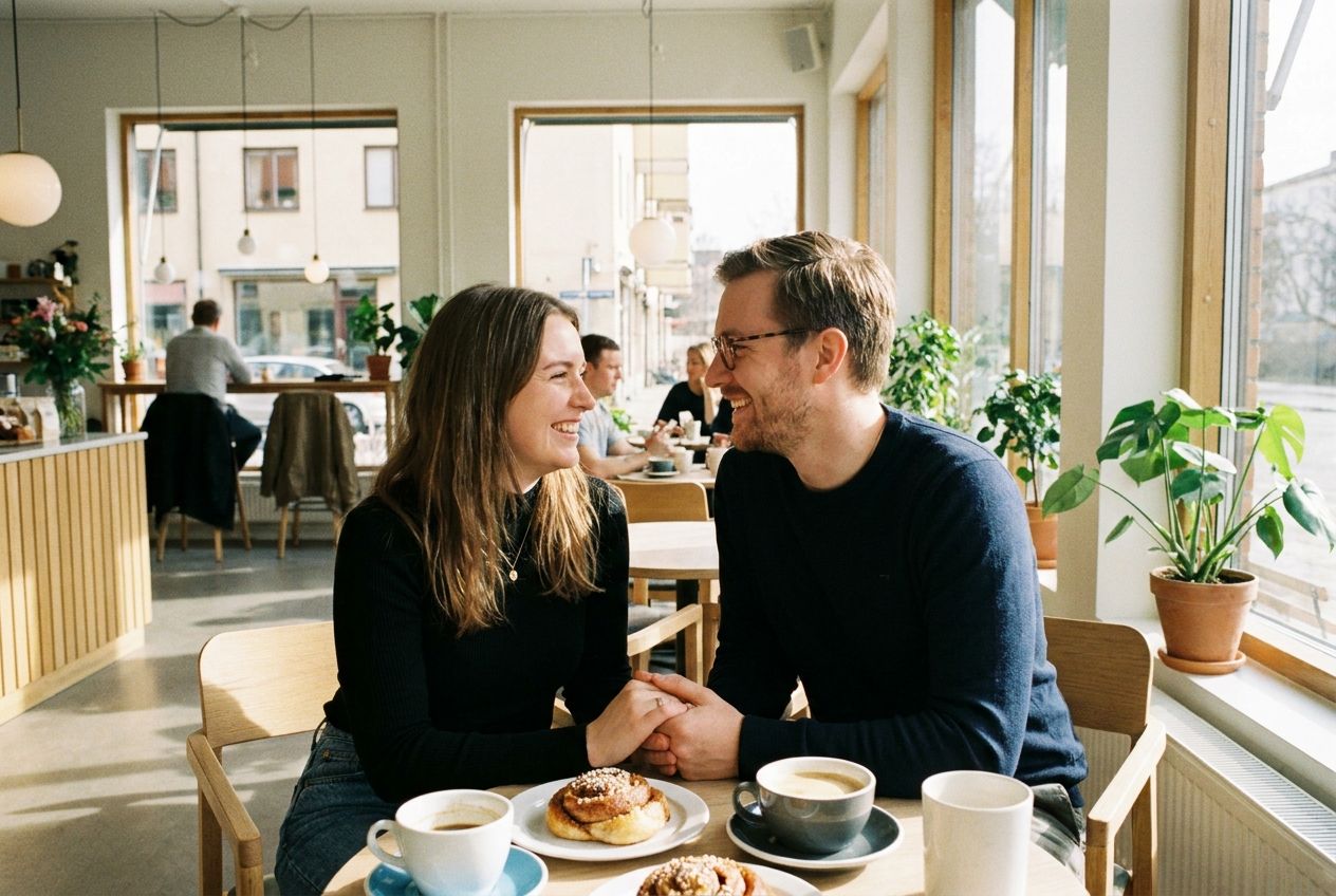 A warm, inviting photograph of two people smiling and making eye contact as they greet each other in a modern, light-filled Swedish café during a fika break. The scene captures a friendly social connection, with pastries and coffee on the table, composed for a 3:2 landscape frame.