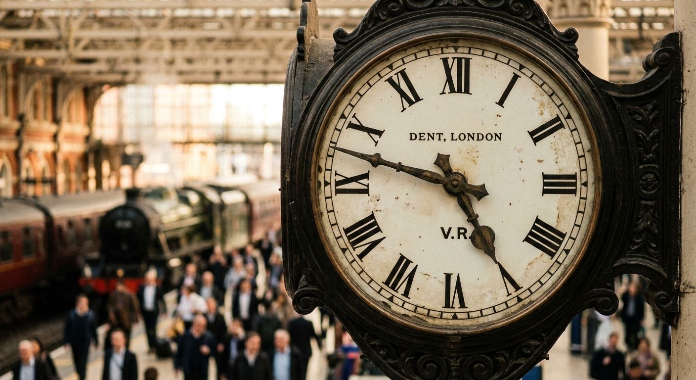 A dramatic, close-up photograph of an elegant, traditional British public clock face, its hands pointing precisely to 'quarter to six' (5:45). The background is a softly blurred, bustling scene of a classic London train station platform, capturing the essence of precise timing in daily British life under a warm, diffused light.