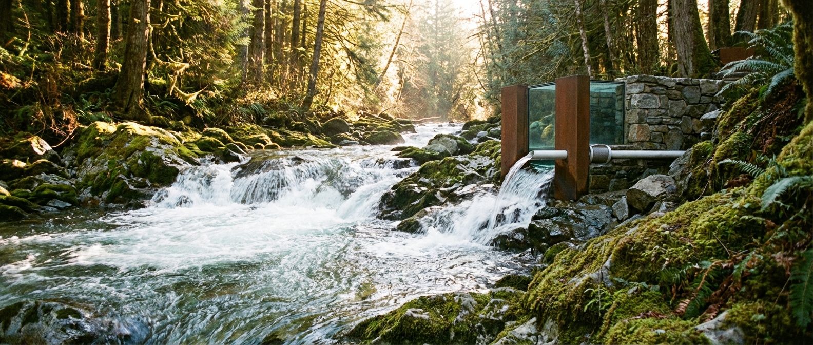 A powerful, wide-angle photograph of a pristine, fast-flowing river cascading over rocks, with sunlight illuminating the clear water. A single, elegant, modern water intake structure or a clean, minimalist pipe emerges subtly from the riverbank, symbolizing the sustainable use and purification of this vital resource.