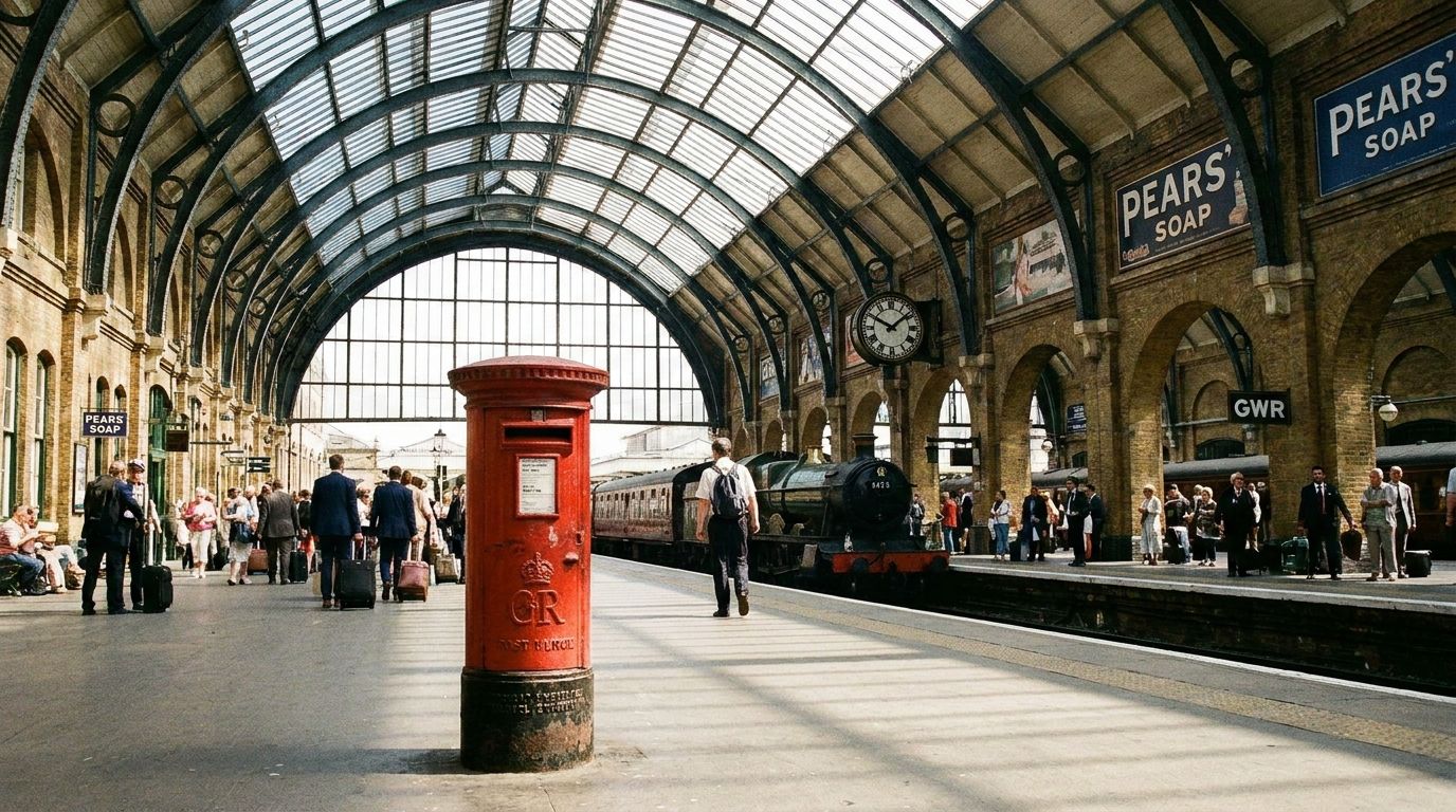 A wide-angle photograph of a bustling, historic British railway station concourse, with an iconic red post box in the foreground and people moving through the station. The scene is filled with natural light, highlighting the classic Victorian architecture and lively atmosphere.