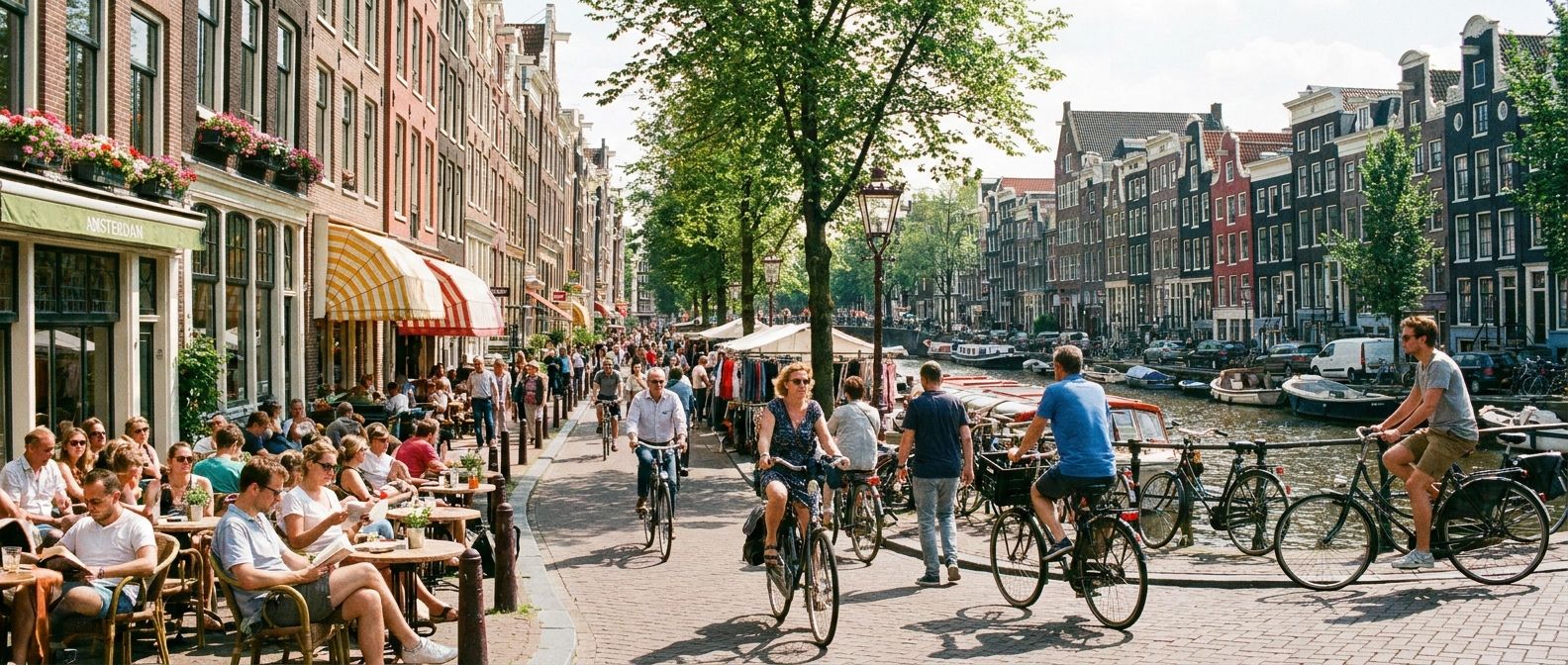 A vibrant, wide-angle photograph of a bustling canal street in a Dutch city during daytime. People are cycling along the canal, others are reading books at outdoor cafes, and some are walking and conversing, showcasing typical Dutch architecture and lively everyday activities.